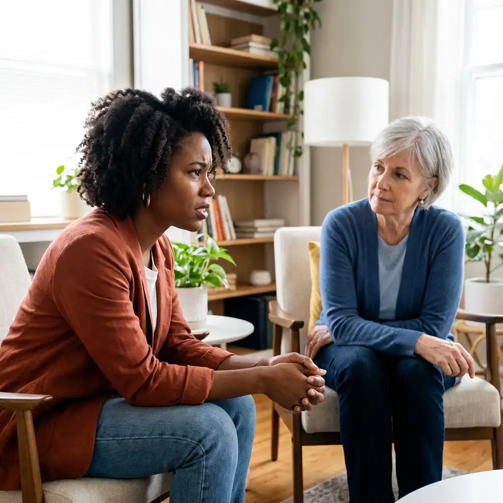 A woman speaking with a supportive counselor in a calm therapy setting, symbolizing the emotional impact of trauma and the process of seeking help