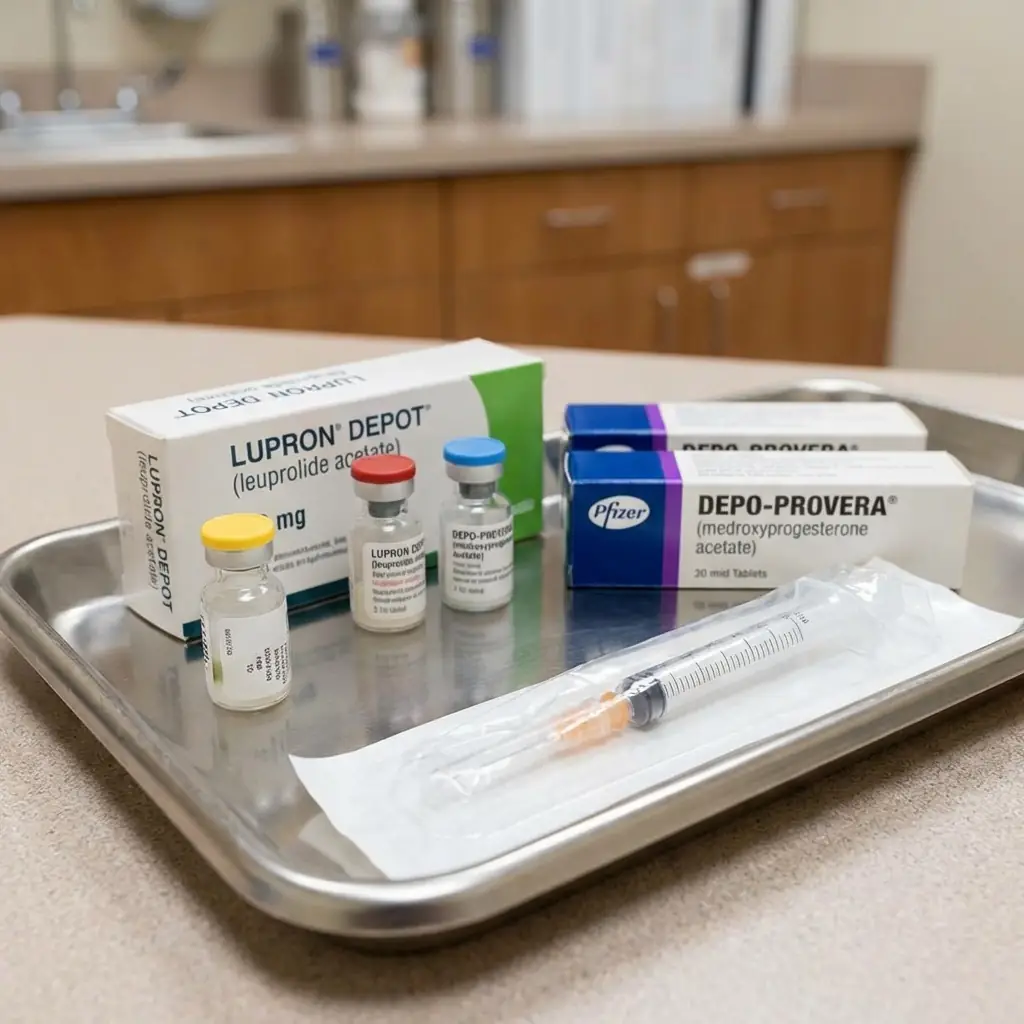 Tray containing injectable medications commonly associated with chemical castration treatments, illustrating medical methods referenced in child sexual abuse legislation
