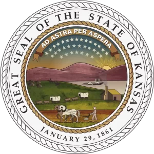 kansas-state-seal Great Seal of the State of Kansas featuring prairie landscape, rising sun, settlers with wagon, and state motto “Ad Astra Per Aspera”