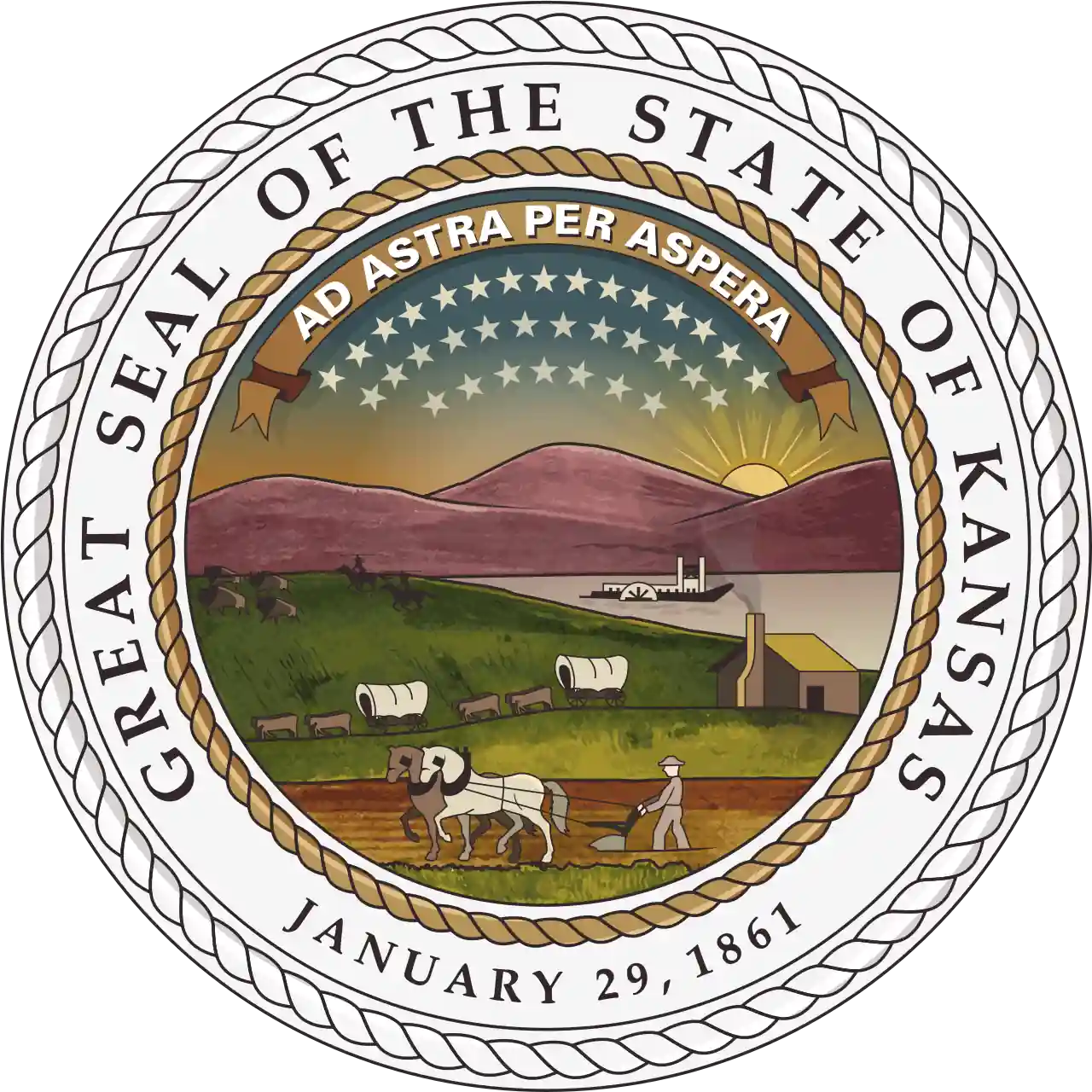 Great Seal of the State of Kansas featuring prairie landscape, rising sun, settlers with wagon, and state motto “Ad Astra Per Aspera”
