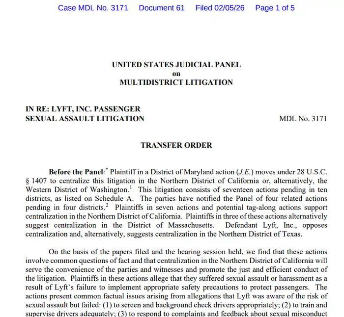 First page of a federal transfer order issued by the U.S. Judicial Panel on Multidistrict Litigation consolidating Lyft passenger sexual assault lawsuits into a single MDL.