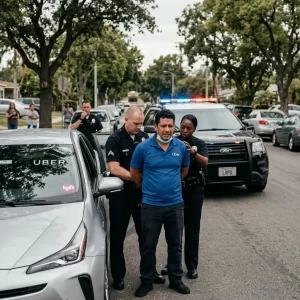 AI-generated image depicting police officers arresting a rideshare driver beside a car displaying Uber and Lyft logos during a fictional investigation scene related to rideshare sexual assault reporting.