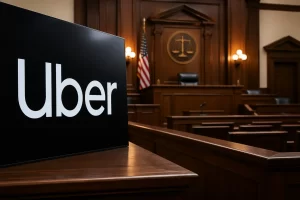Your image is ready in WebP format under 100KB: 👉 [Download the WebP image](sandbox:/mnt/data/uber_courtroom.webp) **Alt Image Text:** Uber logo displayed inside a courtroom setting with a judge’s bench and American flag in the background, symbolizing legal proceedings involving the rideshare company.
