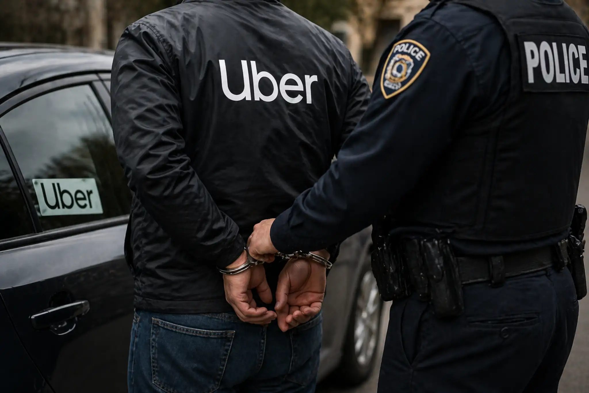Uber driver seen from behind being placed in handcuffs by a police officer beside a vehicle, with the Uber logo visible, representing an arrest related to alleged misconduct.