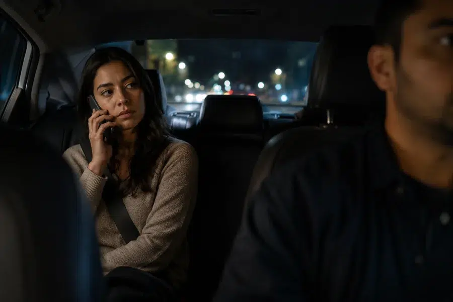 rideshare-passenger-phone-night-900w-q85 Female rideshare passenger in the backseat at night holding a phone to her ear while looking warily toward the driver.