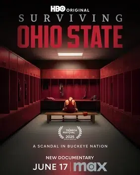 surviving-ohio-state-poster Poster for the HBO documentary Surviving Ohio State, featuring an empty Ohio State locker room and a solitary athlete seated on a bench.