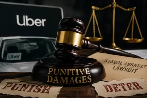 uber-punitive-damages-sexual-assault-lawsuit Judge’s gavel labeled punitive damages beside an Uber vehicle and sexual assault lawsuit documents ahead of an Uber bellwether trial.