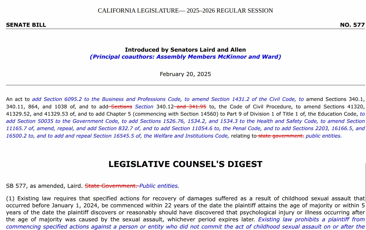 california-sb-577-legislative-counsel-digest California Senate Bill 577 legislative text addressing childhood sexual assault claims against public entities and changes to filing requirements.