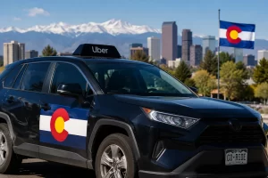 colorado-rideshare-safety-uber-vehicle Rideshare vehicle with a Colorado flag and Denver skyline, illustrating Colorado’s new Uber and Lyft sexual assault safety requirements.