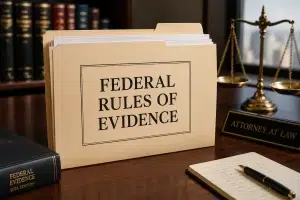 federal-rape-shield-law-rule-412 Federal Rules of Evidence folder on a lawyer’s desk illustrating the federal rape shield law and Rule 412 protections for sexual abuse survivors.