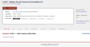 military-sexual-trauma-accountability-act-congress Congress.gov page for S. 4877, the Military Sexual Trauma Accountability Act, introduced in the U.S. Senate in June 2026.