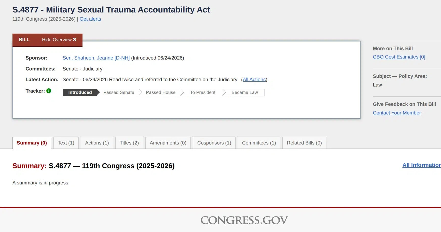 military-sexual-trauma-accountability-act-congress Congress.gov page for S. 4877, the Military Sexual Trauma Accountability Act, introduced in the U.S. Senate in June 2026.