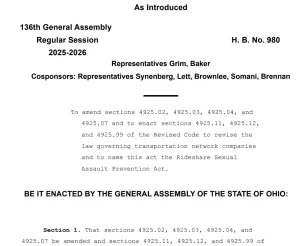 ohio-hb-980-rideshare-sexual-assault-prevention-act Ohio H.B. 980, the proposed Rideshare Sexual Assault Prevention Act, which would add safety requirements for Uber, Lyft, and other rideshare companies.
