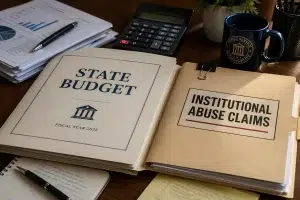 survivor-payouts-state-budget-institutional-abuse State budget document beside an institutional abuse claims case file, illustrating the financial impact of sexual abuse survivor settlements on state governments.