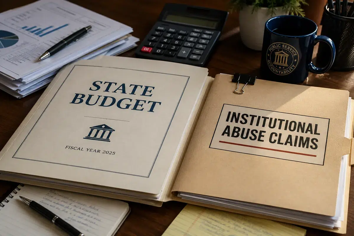 survivor-payouts-state-budget-institutional-abuse State budget document beside an institutional abuse claims case file, illustrating the financial impact of sexual abuse survivor settlements on state governments.
