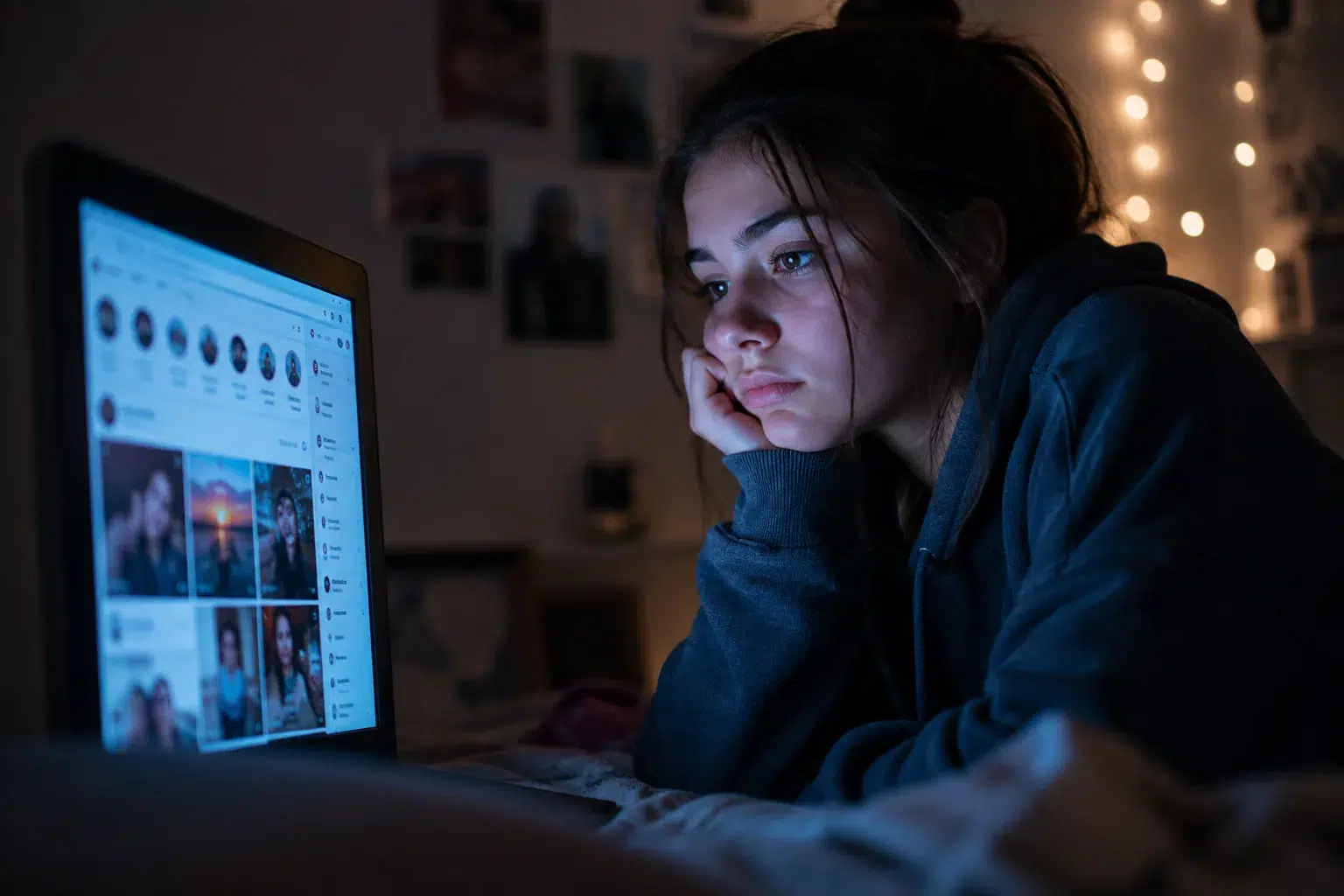 teen-social-media-screen Teen girl staring blankly at a social media feed on a laptop late at night.