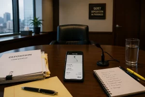 uber-deposition-room Empty legal deposition room with confidential case files and a rideshare trip displayed on a phone, illustrating reports of invasive questioning in Uber sexual assault lawsuits.