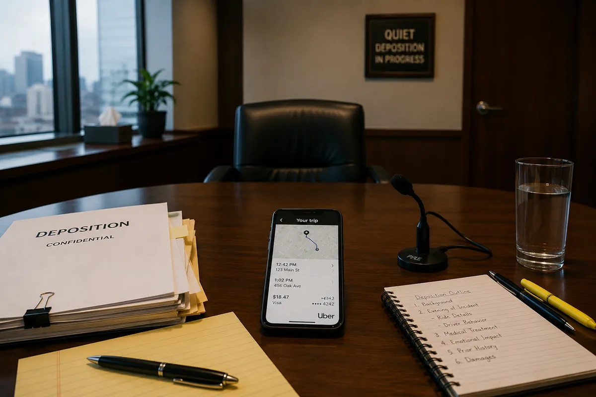 uber-deposition-room Empty legal deposition room with confidential case files and a rideshare trip displayed on a phone, illustrating reports of invasive questioning in Uber sexual assault lawsuits.
