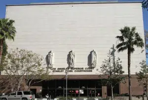 La superior court Stanley Mosk Courthouse in Los Angeles, showing the Grand Avenue entrance of the Los Angeles Superior Court.