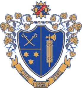 chi-phi-coat-of-arms Chi Phi fraternity coat of arms featuring a blue and gold shield with crossed swords, stars and a torch.