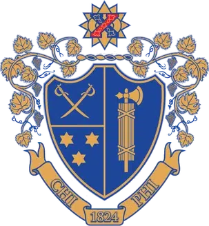 chi-phi-coat-of-arms Chi Phi fraternity coat of arms featuring a blue and gold shield with crossed swords, stars and a torch.