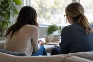 survivor-private-conversation Two women sit together in a private conversation in a quiet, softly lit room, viewed from behind.
