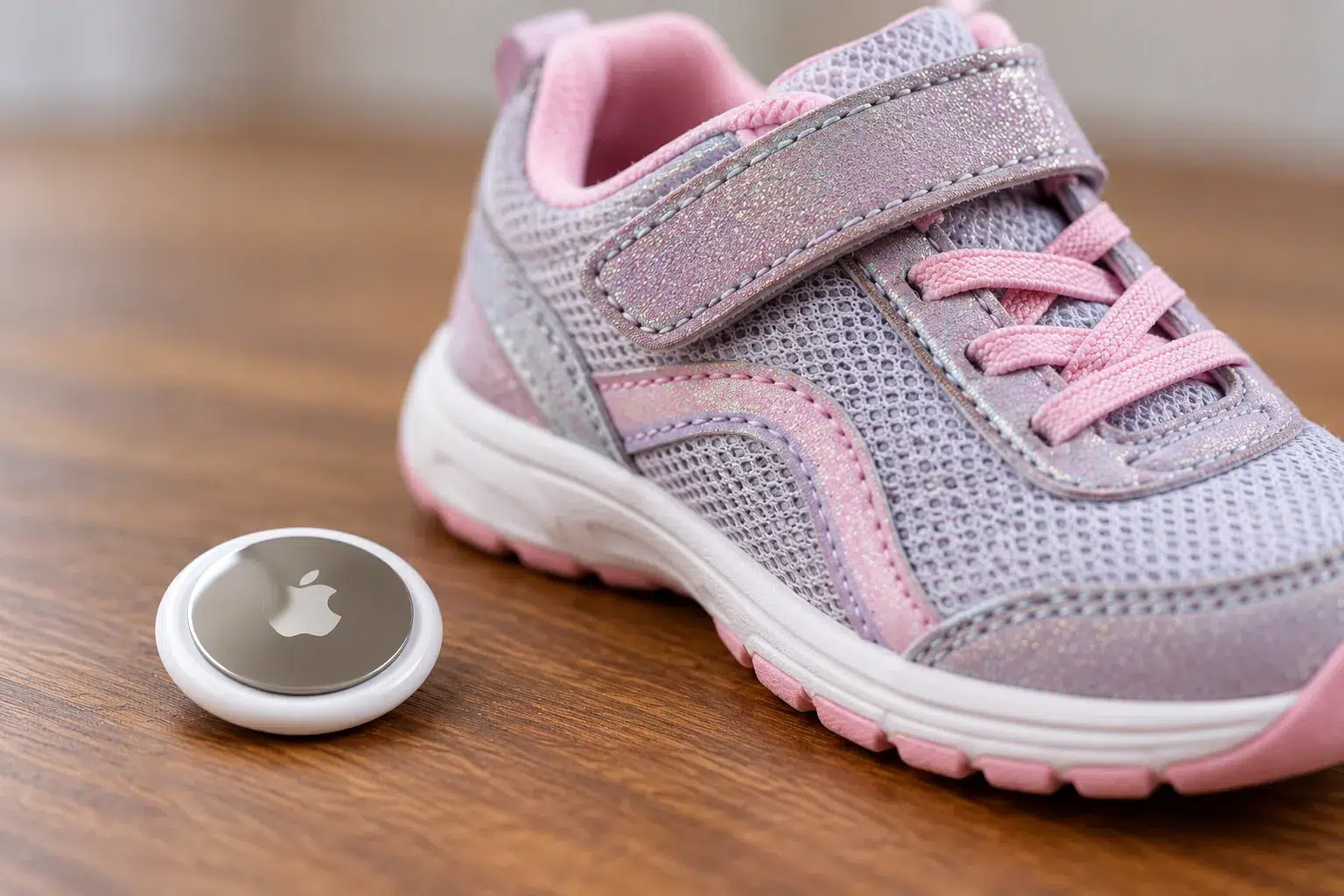 apple-airtag-child-shoe-featured Apple AirTag beside a child's sneaker, illustrating a federal lawsuit alleging a stalker concealed a tracking device inside his 10-year-old daughter's shoe to monitor her mother's location.