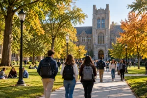 clery-act-college-campus-students-optimized College students walking across a university campus, illustrating campus safety and sexual assault reporting requirements under the Clery Act.