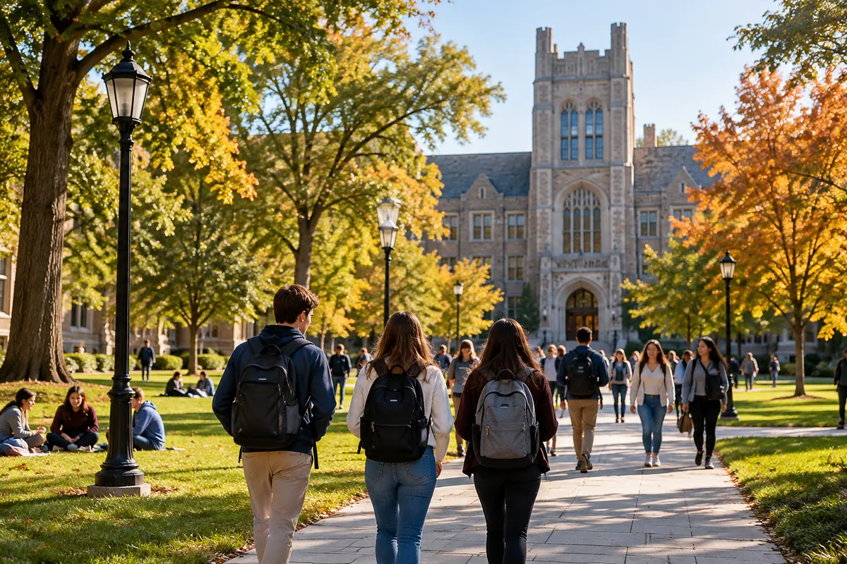 clery-act-college-campus-students-optimized College students walking across a university campus, illustrating campus safety and sexual assault reporting requirements under the Clery Act.