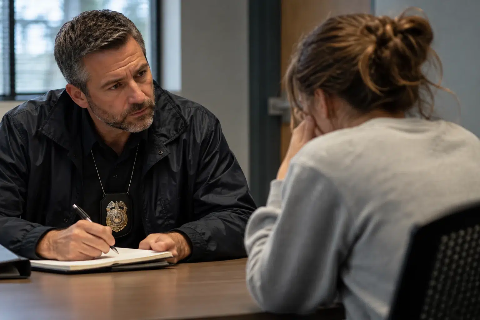 detective-interviewing-sexual-assault-survivor Detective takes notes while interviewing a young woman, illustrating questions about trauma-informed police questioning in sexual assault investigations.