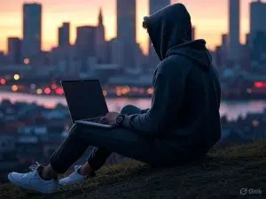 grok-aurora-ai-generated-laptop-image AI-generated image of a person using a laptop outdoors at sunset, illustrating concerns about Grok and AI-generated child sexual abuse imagery.