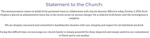 pleasant-view-baptist-church-statement-message-only Pleasant View Baptist Church statement announcing that Scott Hughes was placed on administrative leave following his arrest, used in an opinion article about church accountability and sexual abuse safeguards.