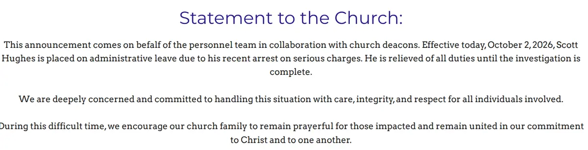 pleasant-view-baptist-church-statement-message-only Pleasant View Baptist Church statement announcing that Scott Hughes was placed on administrative leave following his arrest, used in an opinion article about church accountability and sexual abuse safeguards.