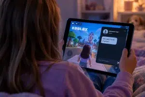 roblox_child_message Illustration of a young girl playing Roblox on a tablet while receiving a message from an unknown user, highlighting online grooming and child exploitation concerns raised in lawsuits against Roblox.