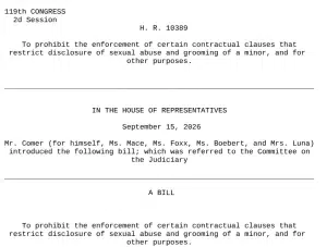 survivors-voice-protection-act-hr-10389 Screenshot of H.R. 10389, the Survivor’s Voice Protection Act, introduced in the U.S. House on September 15, 2026, to restrict enforcement of certain nondisclosure clauses involving sexual abuse and grooming of minors.